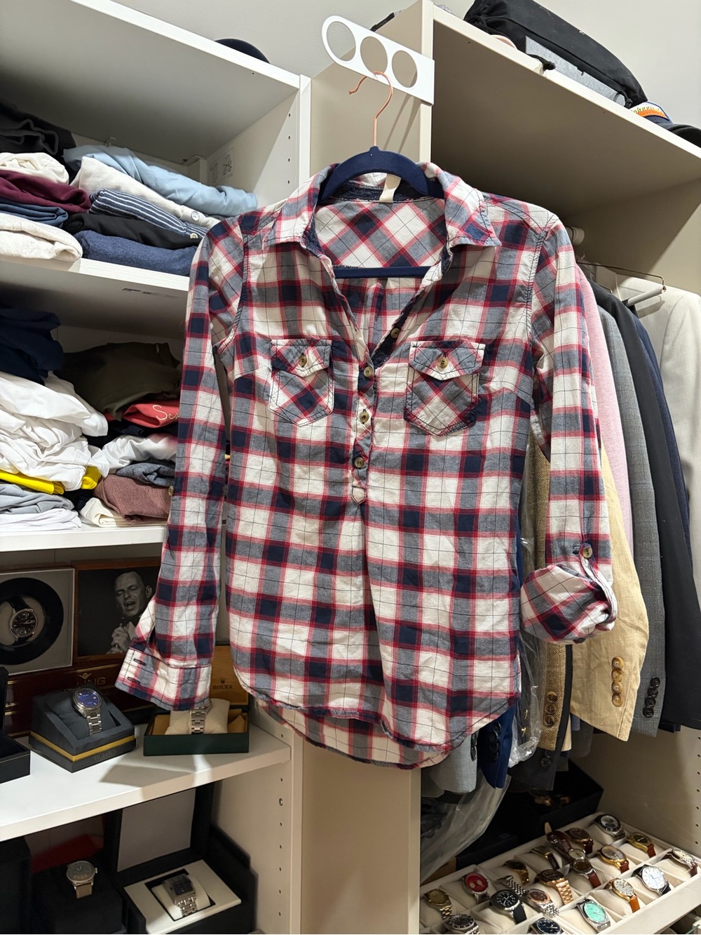 Casual Red & Navy Plaid Button-Up Shirt
